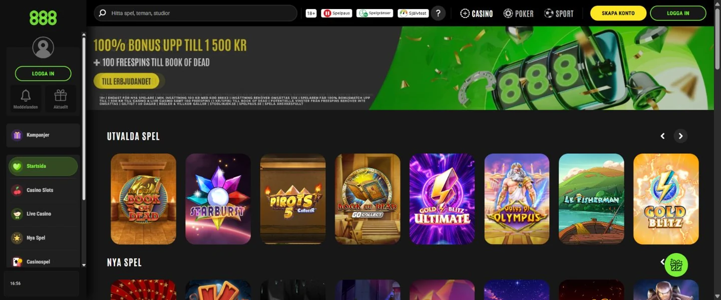 Skärmbild av 888 Casinos svenska startsida med navigation och spelutbud