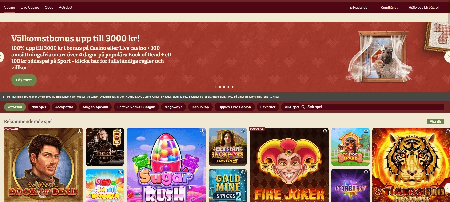 Arkivbild av Casinostugans svenska startsida med navigation och spelutbud