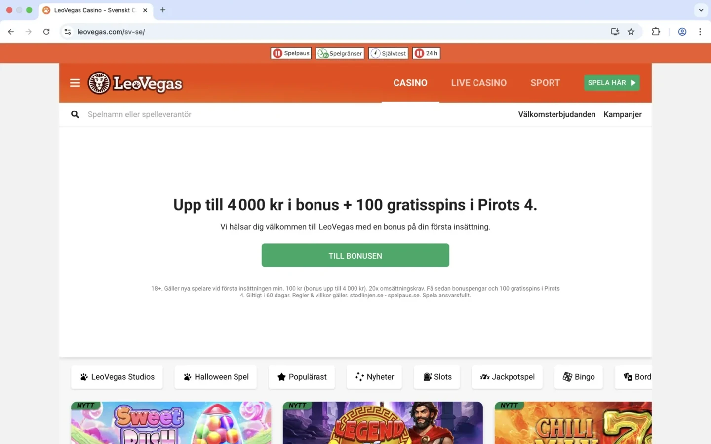 Arkivbild av LeoVegass svenska startsida med navigation och spelutbud